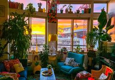 a living room filled with lots of furniture next to tall windows and plants on top of them