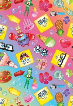 an image of cartoon food and drinks on a pink background with blue, green, yellow, red, orange, and purple colors