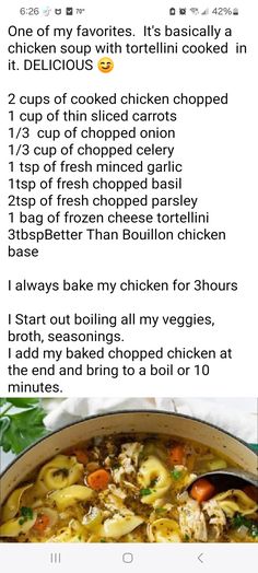 the recipe for chicken noodle soup is shown in an instagramtion screen shot