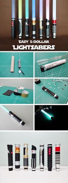 several different types of lightsabers are shown in this collage with the words easy dollar light sabers