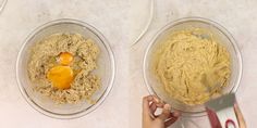 two bowls filled with batter and oranges on top of a white counter next to a pair of scissors