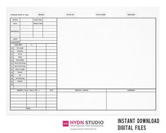 an invoice sheet with the words instant digital files printed on it's side