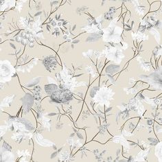 a floral wallpaper with white and grey flowers