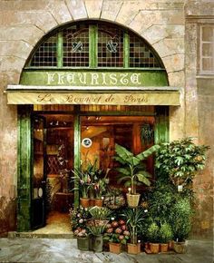 a painting of a flower shop with potted plants in front of the storefront