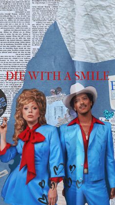 two people dressed in blue and red are standing next to each other with the words die with a smile on them