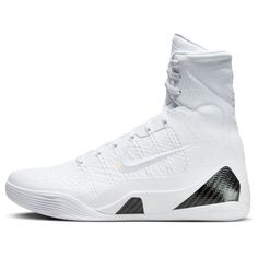 the nike zoom basketball shoe is white and has black accents on the upper half of the shoe