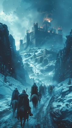 a group of people riding horses down a snow covered road next to a castle on top of a mountain