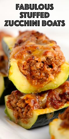 A pile of hollowed zucchinis filled with a tomato based ground beef mixture and cheese. Easy Zucchini Boats Beef, Stuffed Large Zucchini Recipes, Ground Turkey Stuffed Zucchini Boats, Zucchini Spaghetti Boats, Loaded Zucchini Boats, Meatloaf Stuffed Zucchini Boats, Hamburger Stuffed Zucchini Boats