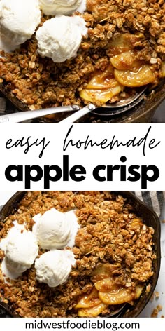 an easy homemade apple crisp recipe in a cast iron skillet with whipped cream on top