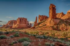 the desert is full of red rocks and green plants