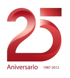 the 25th anniversary logo for 25 years ago, with red letters and numbers on white background