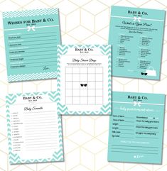 baby shower game with blue and white chevrons on the front, in three different styles