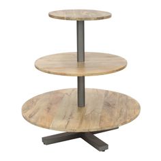 three tiered wooden table with metal legs and wood top, on white background for display