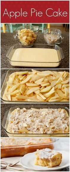 apple pie cake with apples in the background and three pictures showing how to make it