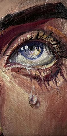 an oil painting of a woman's eye with tears