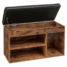 an open wooden box with two shelves and a black leather lid on the bottom shelf