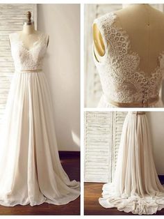 the back of a wedding dress with lace and chiffon on it, in three different views