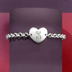 Ross-Simons - Plain - Italian Sterling Silver Heart Bracelet. 8". Here's a little extra love from Italy! Our charming sterling silver rolo bracelet features a lovely heart at the center. Perfectly giftable, this sweet sentiment will be treasured forever. Graduates from 3/16" to 5/8" wide. Lobster clasp, sterling silver heart bracelet. Personalized Heart Bracelet, Sterling Silver Heart Bracelet, Silver Heart Bracelet, Script Type, Sterling Silver Heart, Heart Bracelet, Silver Heart, Lobster Clasp, Initials