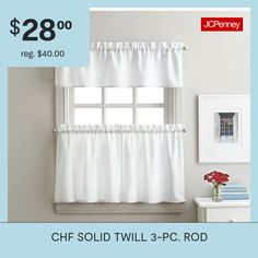 a window with white curtains on it for $ 28 00 reg $ 40 00 or chf sold twil - 3 pc rod