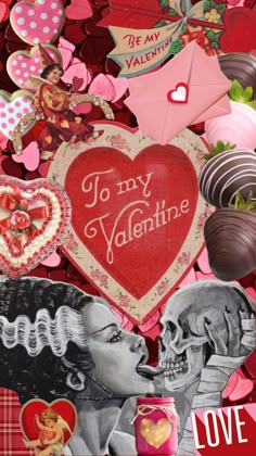 valentine's day collage with hearts, chocolates, and other things in the background