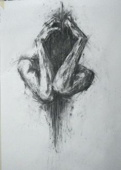 a black and white drawing of a person holding their head