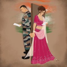 Indian Army Sketch, Indian Couple Drawing Art, Indian Illustration Girl, United Nations Peacekeeping, Indian Illustration, Couple Sketch, Army Girlfriend Pictures