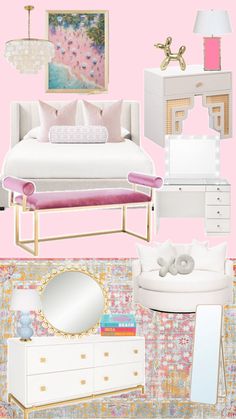 a bedroom with pink walls and white furniture