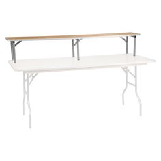 a white table with two wooden top and one metal frame on the bottom, against a white background