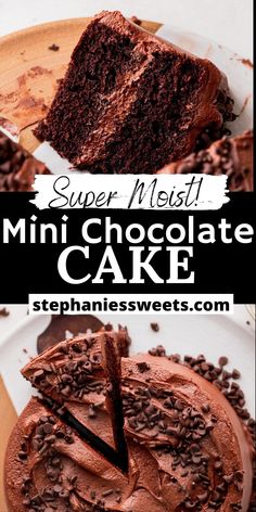 a chocolate cake on a plate with the words super melt mini chocolate cake