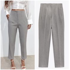 Zara High Waisted Straight Leg Trousers Pants In Gray Size S Blogger Fav! New With Tags! High-Waist Trousers With Seam Detail On The Front And Back. Front Welt Pockets. Front Zip Fly, Inside Button And Metal Hook Fastening. Outer Shell 72% Polyester 22% Viscose 6% Elastane Shoes With Gray Pants Women, Gray Bussines Pants, Tailored Bottoms With Pockets For Spring, Tailored Ankle-length Summer Bottoms, Spring Office Bottoms With Welt Pockets, Summer Office Pants With Pockets, Summer Office Dress Pants With Tapered Leg, Summer Office Dress Pants By Zara, Zara Summer Office Dress Pants