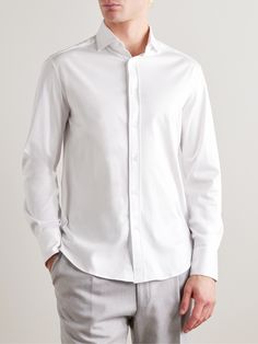 In the hands of Brunello Cucinelli, even something as simple as a plain white shirt feels luxurious. Made from soft cotton-jersey, this one is tailored with a spread collar that looks good whether you wear it as part of a business-casual outfit or in a more laid-back way. Plain White Shirt, Brunello Cucinelli Men, White Shirt Men, Tuxedo Shirts, Plain Shirts, Armani Men, White Shirts, Business Casual Outfits, Plain White