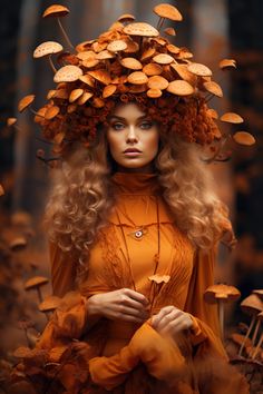 a woman with long hair wearing an orange dress and leaves on her head, standing in the woods