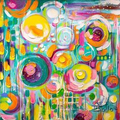 an abstract painting with lots of different colors and shapes on it's surface, including circles