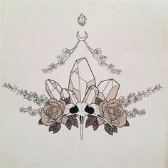 a tattoo design with roses and skulls on the bottom half of its head, in front of a white background