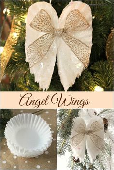 an ornament hanging from a christmas tree with white bows on it and the words angel