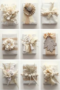 six pictures of different types of gift wrappings with ribbons and bows on them, all wrapped in burlap paper