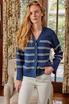 A fresh take on the vintage varsity sweater, the Nora Cardigan in Navy Ivory Stripe, a deep blue with cream double stripes, has a deep V neckline and buttons with a horn finish. A ribbed hem and cuffs add subtle texture to this roomy, wear-everywhere layering piece. Pair it with pajamas, jeans, and everything in between. Made from 100% cotton. Lake Pajamas, Classic Blues, Vintage Varsity, Breton Stripes, Varsity Sweater, Knit Structure, Oversized Knit Cardigan, Bridal Fabric, Lounge Dress