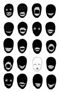 an image of creepy faces drawn in black and white with teeth on each one side