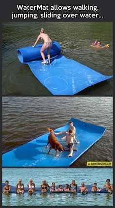 two pictures of people playing in the water with a dog and a man on a raft