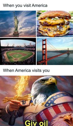 two pictures with the same caption in different languages, one has an eagle holding a baseball