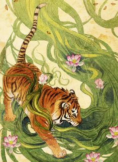 a painting of a tiger walking through water with flowers on it's back legs