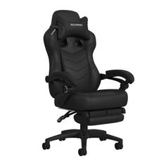 a black office chair sitting on top of a white floor