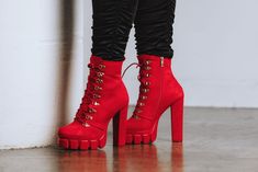 Boots are true to size. Red And Black Combat Boots, Red High Heel Boots, Red Boots Outfit, Red Heel Boots, Pretty Boots, Cute Shoes Heels, Hot Boots, Fresh Shoes, Fancy Shoes