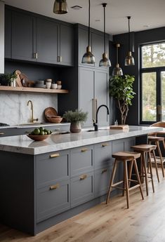 35 Gray Kitchen Cabinets That'll Transform Your Space Gray Cabinets With Gray Walls, Modern Villa Kitchen Design, Dark Bottom Kitchen Cabinets, Colorado Kitchen Design, Kitchen Cabinets Gray And White, All Grey Kitchen, Modern Kitchen Dark Cabinets, Charcoal Cabinets Kitchen, Kitchen Ideas 2025