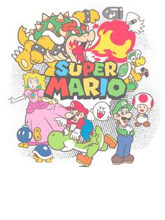 an image of the super mario logo with many different characters around it, including two men and one woman