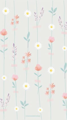 flowers and leaves on a light blue background with pink, white and yellow daisies