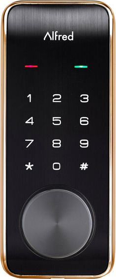 an allred smart keypad is shown in gold and black