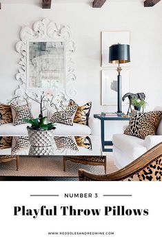 a living room filled with furniture and a mirror on the wall above it that says, number 3 playful throw pillows