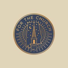 a church logo with the words for the church in gold and blue on a beige background