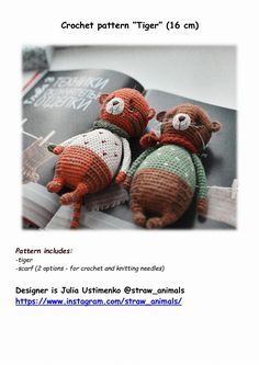 two stuffed animals sitting next to each other on top of an open book with the title crochet pattern tiger 16 cm